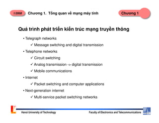 1/2008 Chương 1Chương 1. T ng quan v m ng máy tính
Quá trình phát tri n ki n trúc m ng truy n thông
• Telegraph networks
Message switching and digital transmission
• Telephone networks
Circuit switching
Hanoi University of Technology Faculty of Electronics and Telecommunications
Analog transmission -> digital transmission
Mobile communications
• Internet
Packet switching and computer applications
• Next-generation internet
Multi-service packet switching networks
 