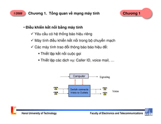 1/2008 Chương 1Chương 1. T ng quan v m ng máy tính
• Đi u khi n k t n i b ng máy tính
Yêu c u có h th ng báo hi u riêng
Máy tính đi u khi n k t n i trong b chuy n m ch
Các máy tính trao đ i thông báo báo hi u đ :
Thi t l p k t n i cu c g i
Thi t l p các d ch v : Caller ID, voice mail, …
Hanoi University of Technology Faculty of Electronics and Telecommunications
Thi t l p các d ch v : Caller ID, voice mail, …
 