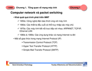 1/2008 Chương 1Chương 1. T ng quan v m ng máy tính
Computer network và packet switching
• Khái quát quá trình phát tri n MMT
1950s: Công ngh đi n báo thích ng v i máy tính
1960s: Các thi t b đ u cu i có th truy nh p các máy ch
1970s: Các máy tính k t n i tr c ti p v i nhau: ARPANET, TCP/IP,
Ethernet LAN
1980s & 1990s: Các ng d ng khác và m ng Internet ra đ i
Hanoi University of Technology Faculty of Electronics and Telecommunications
1980s & 1990s: Các ng d ng khác và m ng Internet ra đ i
• M t s giao th c trong m ng Internet Protocol (IP)
Transmission Control Protocol (TCP)
Hyper Text Transfer Protocol (HTTP)
Simple Mail Transfer Protocol (SMTP)
 