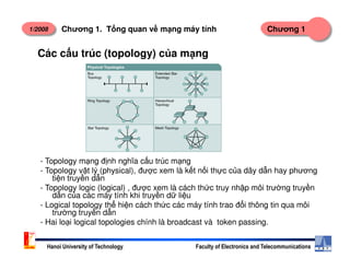 1/2008 Chương 1Chương 1. T ng quan v m ng máy tính
Các c u trúc (topology) c a m ng
Hanoi University of Technology Faculty of Electronics and Telecommunications
- Topology m ng đ nh nghĩa c u trúc m ng
- Topology v t lý (physical), đư c xem là k t n i th c c a dây d n hay phương
ti n truy n d n
- Topology logic (logical) , đư c xem là cách th c truy nh p môi trư ng truy n
d n c a các máy tính khi truy n d li u
- Logical topology th hi n cách th c các máy tính trao đ i thông tin qua môi
trư ng truy n d n
- Hai lo i logical topologies chính là broadcast và token passing.
 