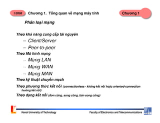 1/2008 Chương 1Chương 1. T ng quan v m ng máy tính
Phân lo i m ng
Theo kh năng cung c p tài nguyên
– Client/Server
– Peer-to-peer
Theo Mô hình m ng
– M ng LAN
Hanoi University of Technology Faculty of Electronics and Telecommunications
– M ng LAN
– M ng WAN
– M ng MAN
Theo k thu t chuy n m ch
Theo phương th c k t n i (connectionless - không k t n i ho c oriented-connection
hư ng k t n i)
Theo d ng k t n i (đơn công, song công, bán song công)
 