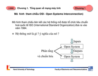 1/2008 Chương 1Chương 1. T ng quan v m ng máy tính
M« h×nh tham chiÕu liªn kÕt c¸c hÖ thèng më ®−îc tæ chøc tiªu chuÈn
ho¸ quèc tÕ ISO (International Standard Organization) ®−a ra v o
n¨m 1984.
Mô hình tham chi u OSI - Open Systems Interconnection)
HÖ thèng më lµ g× ? ý nghÜa cña nã ?
Hanoi University of Technology Faculty of Electronics and Telecommunications
Open System
Inputs
Outputs
Open System
Phân tầng
và chuNn hóa
 