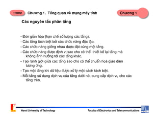 1/2008 Chương 1Chương 1. T ng quan v m ng máy tính
C¸c nguyªn t¾c ph©n tÇng
- §¬n gi¶n hãa (h¹n chÕ sè l−îng c¸c tÇng).
- C¸c tÇng t¸ch biÖt bëi c¸c chøc n¨ng ®éc lËp.
- C¸c chøc n¨ng gièng nhau ®−îc ®Æt cïng mét tÇng.
- C¸c chøc n¨ng ®−îc ®Þnh vÞ sao cho cã thÓ thiÕt kÕ l¹i tÇng m
kh«ng ¶nh h−ëng tíi c¸c tÇng kh¸c.
- T¹o ranh giíi gi÷a c¸c tÇng sao cho cã thÓ chuÈn ho¸ giao diÖn
Hanoi University of Technology Faculty of Electronics and Telecommunications
- T¹o ranh giíi gi÷a c¸c tÇng sao cho cã thÓ chuÈn ho¸ giao diÖn
t−¬ng øng.
- T¹o mét tÇng khi d÷ liÖu ®−îc xö lý mét c¸ch t¸ch biÖt.
- Mçi tÇng sö dông dÞch vô cña tÇng d−íi nã, cung cÊp dÞch vô cho c¸c
tÇng trªn.
 