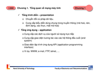 1/2008 Chương 1Chương 1. T ng quan v m ng máy tính
T ng ng d ng – application
o Cung c p các d ch v c a ngư i s d ng tr c ti p
o Cung c p giao di n tương tác vào các h thông đ u cu i (end
T ng trình di n – presentation
o Chuy n đ i cú pháp d li u.
o Cung c p bi u di n dùng chung trong truy n thông (mã hoá, nén,
đ nh d ng, xác th c, m t mã hoá)
Hanoi University of Technology Faculty of Electronics and Telecommunications
o Cung c p giao di n tương tác vào các h thông đ u cu i (end
system)
o Giao di n l p trình ng d ng API (application programming
interface)
o Ví d : WWW, e-mail, FTP, telnet, …
 