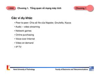 1/2008 Chương 1Chương 1. T ng quan v m ng máy tính
Các ví d khác
• Peer-to-peer: Chia s file c a Napster, Gnuitella, Kazza
• Audio – video streaming
• Network games
• Online purchasing
• Voice-over-Internet
Hanoi University of Technology Faculty of Electronics and Telecommunications
• Voice-over-Internet
• Video on demand
• IP TV
 