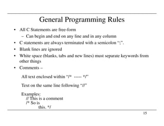 General Programming Rules
• All C Statements are free-form
– Can begin and end on any line and in any column
• C statements are always terminated with a semicolon “;”.
• Blank lines are ignored
• White space (blanks, tabs and new lines) must separate keywords from
other things
15
other things
• Comments –
All text enclosed within “/* ----- */”
Text on the same line following “//”
Examples:
// This is a comment
/* So is
this. */
 