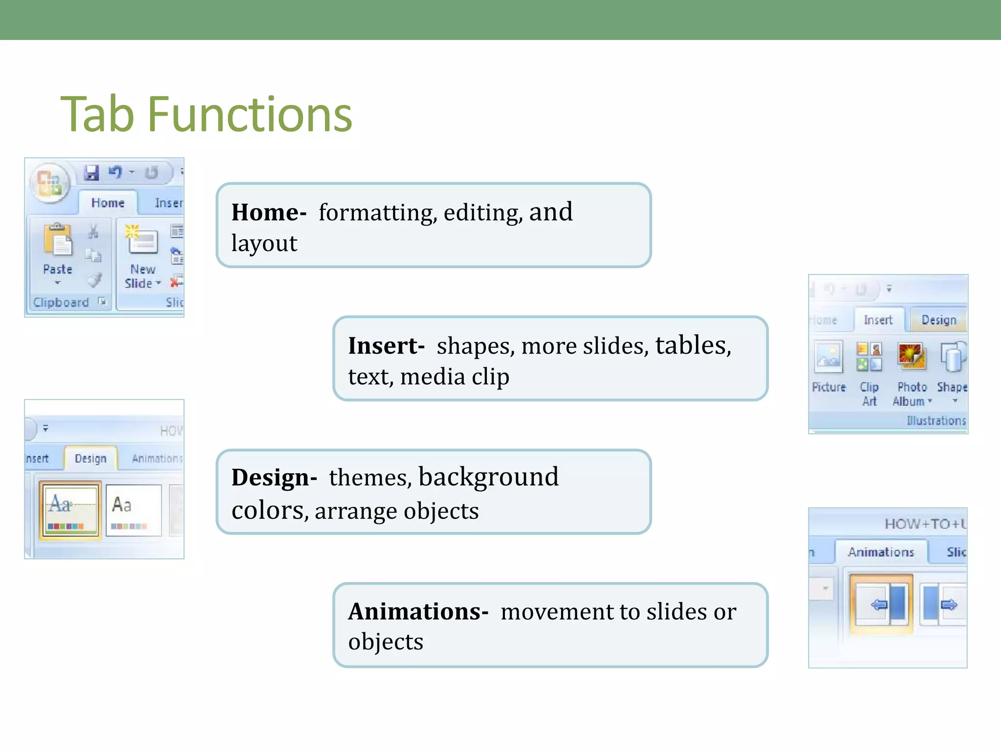 Tab Functions
Home- formatting, editing, and
layout
Insert- shapes, more slides, tables,
text, media clip
Design- themes, background
colors, arrange objects
Animations- movement to slides or
objects
 