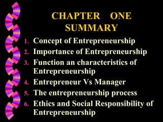 CHAPTER ONE
SUMMARY
1. Concept of Entrepreneurship
2. Importance of Entrepreneurship
3. Function an characteristics of
Entrepreneurship
4. Entrepreneur Vs Manager
5. The entrepreneurship process
6. Ethics and Social Responsibility of
Entrepreneurship
 