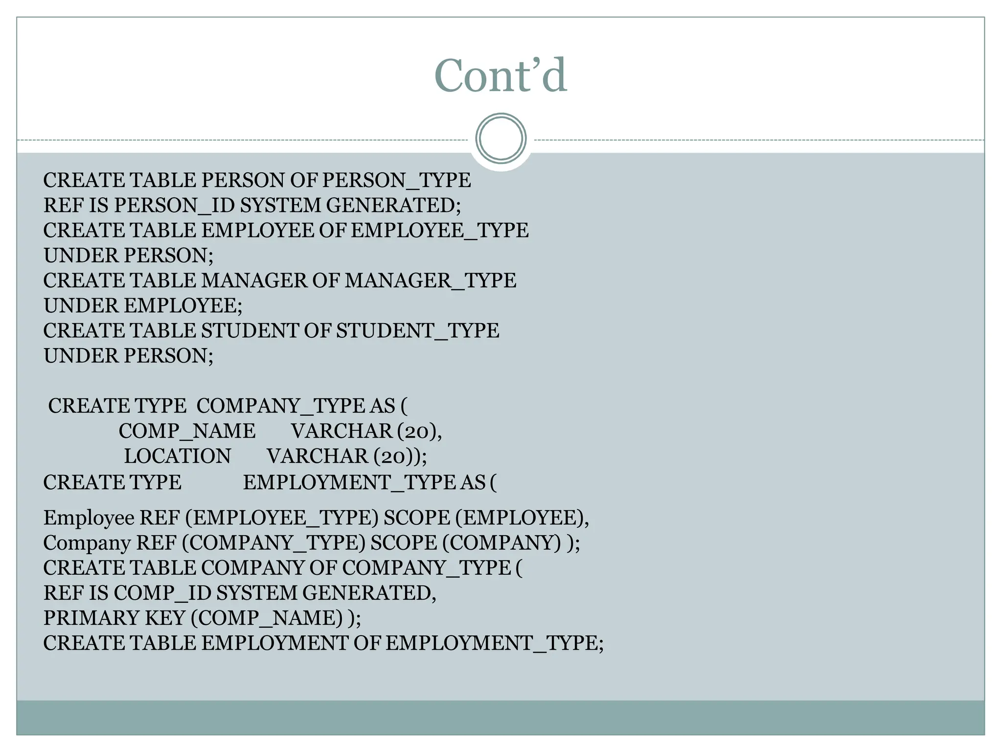 Cont’d
CREATE TABLE PERSON OF PERSON_TYPE
REF IS PERSON_ID SYSTEM GENERATED;
CREATE TABLE EMPLOYEE OF EMPLOYEE_TYPE
UNDER PERSON;
CREATE TABLE MANAGER OF MANAGER_TYPE
UNDER EMPLOYEE;
CREATE TABLE STUDENT OF STUDENT_TYPE
UNDER PERSON;
COMP_NAME
LOCATION
VARCHAR (20),
VARCHAR (20));
CREATE TYPE COMPANY_TYPE AS (
CREATE TYPE EMPLOYMENT_TYPE AS (
Employee REF (EMPLOYEE_TYPE) SCOPE (EMPLOYEE),
Company REF (COMPANY_TYPE) SCOPE (COMPANY) );
CREATE TABLE COMPANY OF COMPANY_TYPE (
REF IS COMP_ID SYSTEM GENERATED,
PRIMARY KEY (COMP_NAME) );
CREATE TABLE EMPLOYMENT OF EMPLOYMENT_TYPE;
 