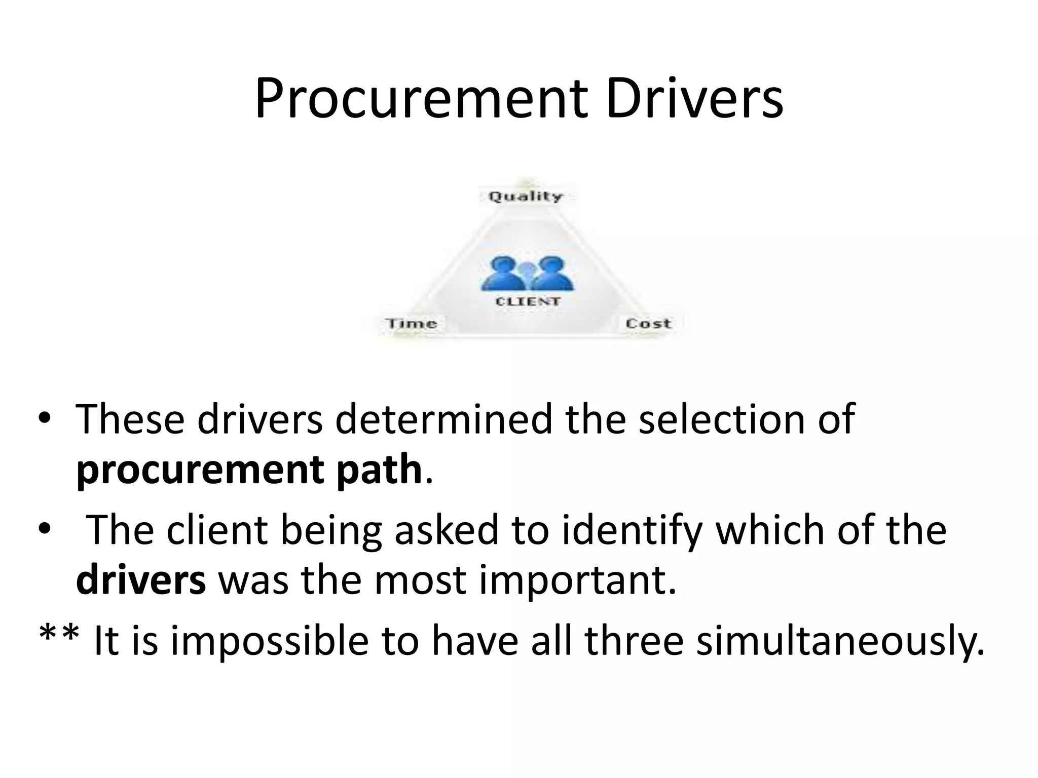 Procurement Drivers
• These drivers determined the selection of
procurement path.
• The client being asked to identify which of the
drivers was the most important.
** It is impossible to have all three simultaneously.
 