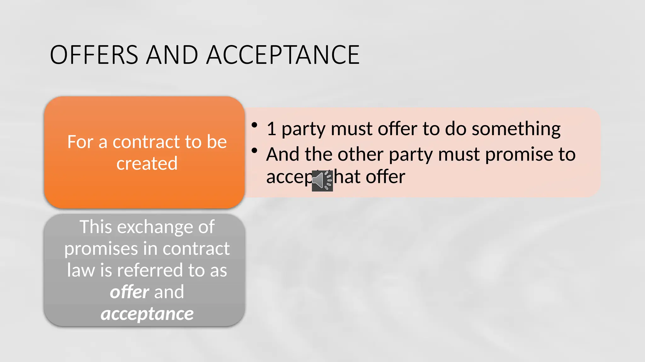 OFFERS AND ACCEPTANCE
• 1 party must offer to do something
• And the other party must promise to
accept that offer
For a contract to be
created
This exchange of
promises in contract
law is referred to as
offer and
acceptance
 