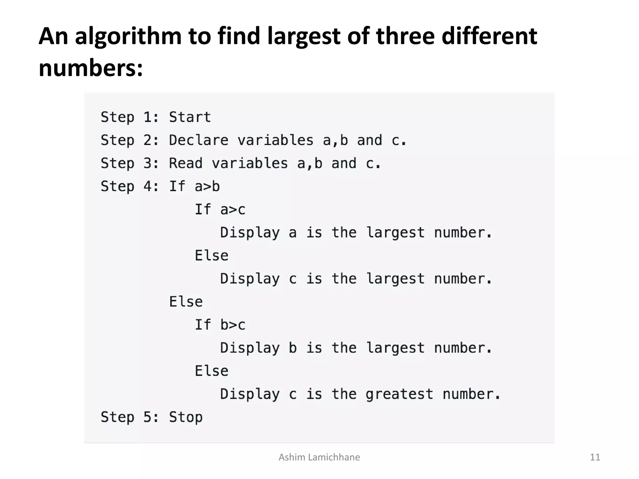 An algorithm to find largest of three different numbers: Ashim Lamichhane 11 