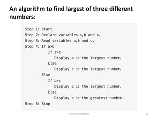 An algorithm to find largest of three different
numbers:
Ashim Lamichhane 11
 