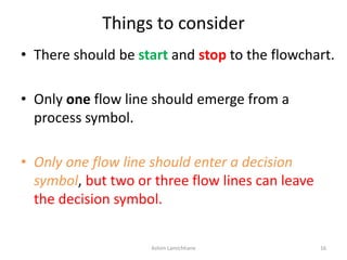 Things to consider
• There should be start and stop to the flowchart.
• Only one flow line should emerge from a
process symbol.
• Only one flow line should enter a decision
symbol, but two or three flow lines can leave
the decision symbol.
Ashim Lamichhane 16
 