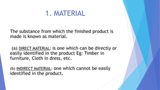 1. MATERIAL
The substance from which the finished product is
made is known as material.
(a) DIRECT MATERIAL: is one which can be directly or
easily identified in the product Eg: Timber in
furniture, Cloth in dress, etc.
(b) INDIRECT MATERIAL: one which cannot be easily
identified in the product.
 