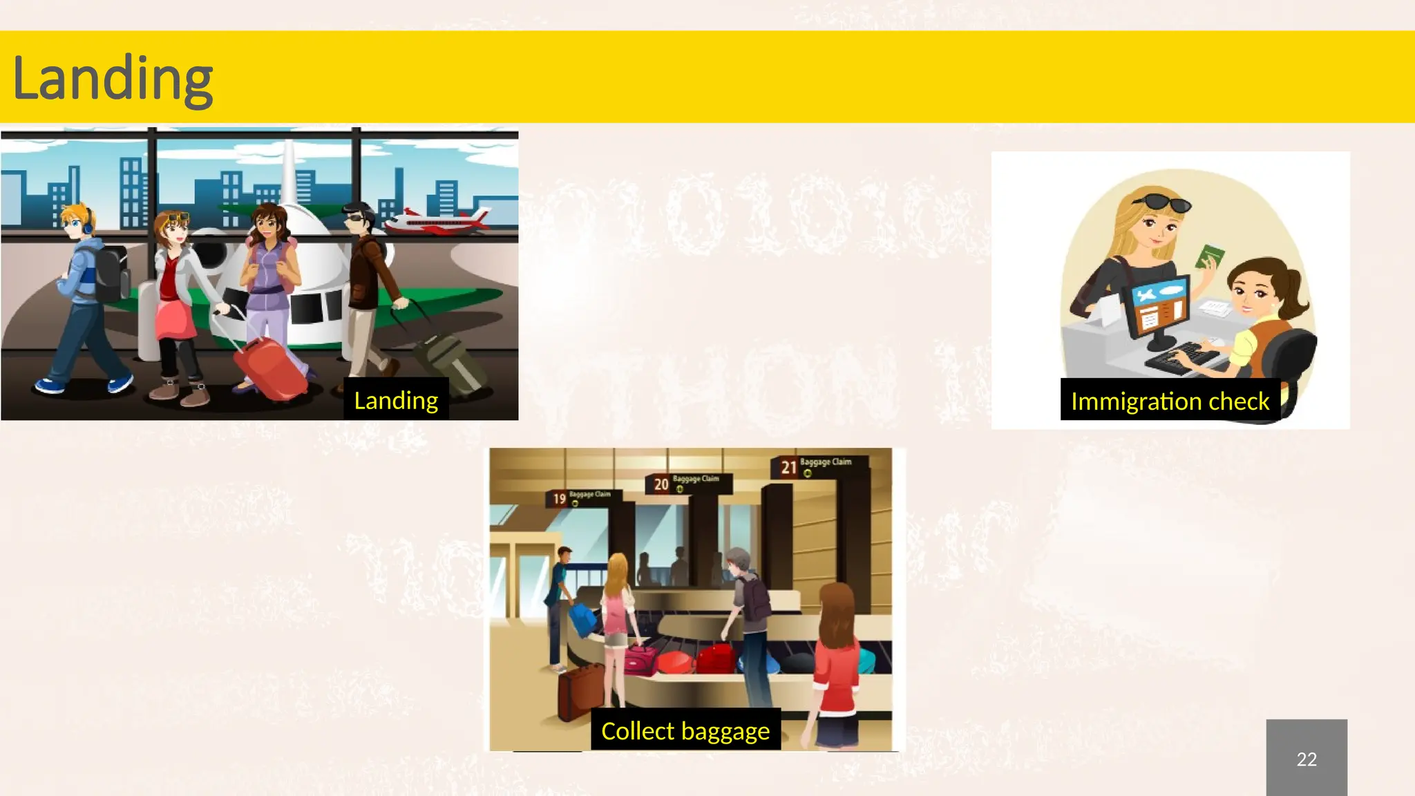 22
Landing
Collect baggage
Immigration check
Landing
 