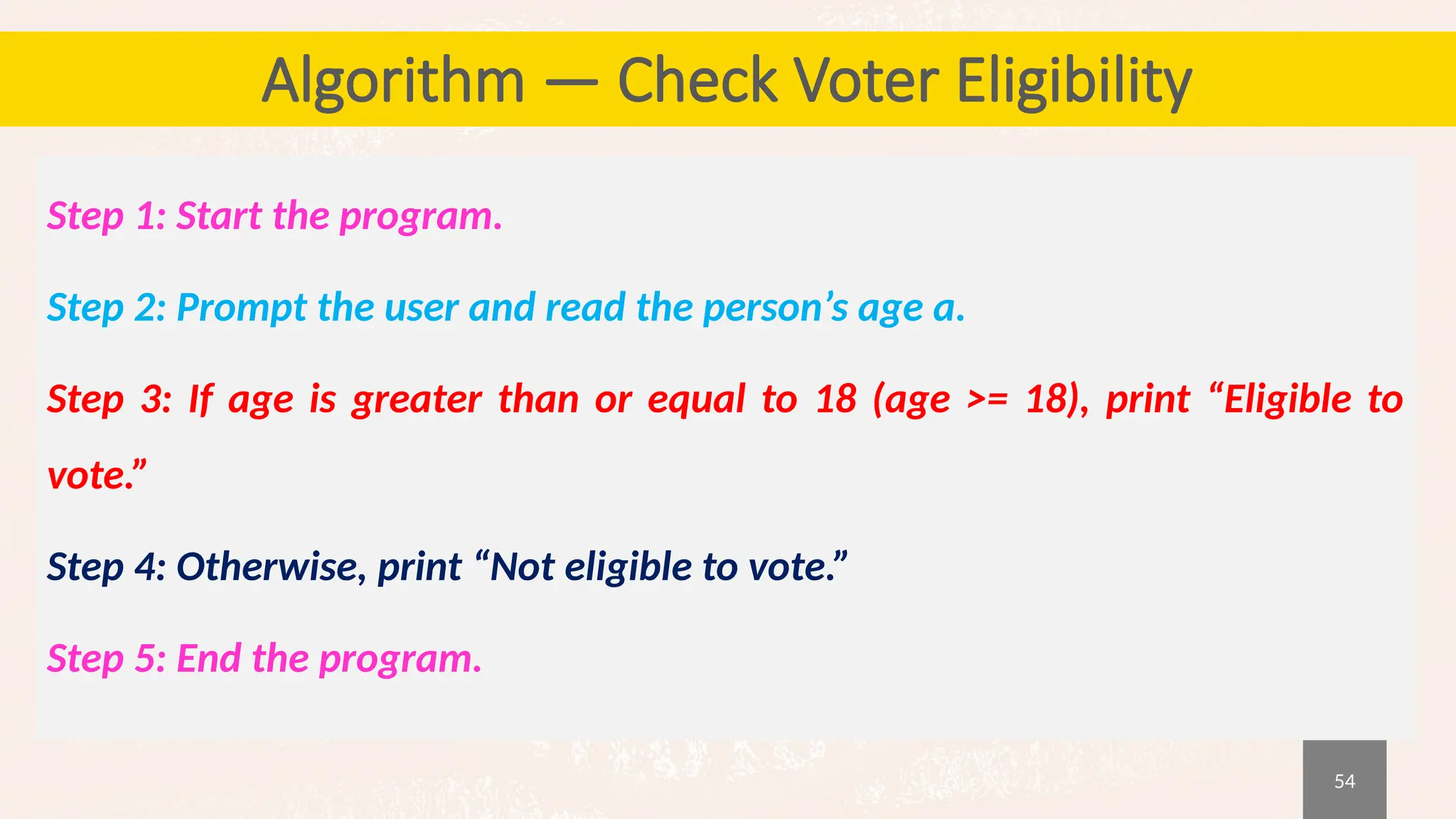 54
Algorithm — Check Voter Eligibility
Step 1: Start the program.
Step 2: Prompt the user and read the person’s age a.
Step 3: If age is greater than or equal to 18 (age >= 18), print “Eligible to
vote.”
Step 4: Otherwise, print “Not eligible to vote.”
Step 5: End the program.
 