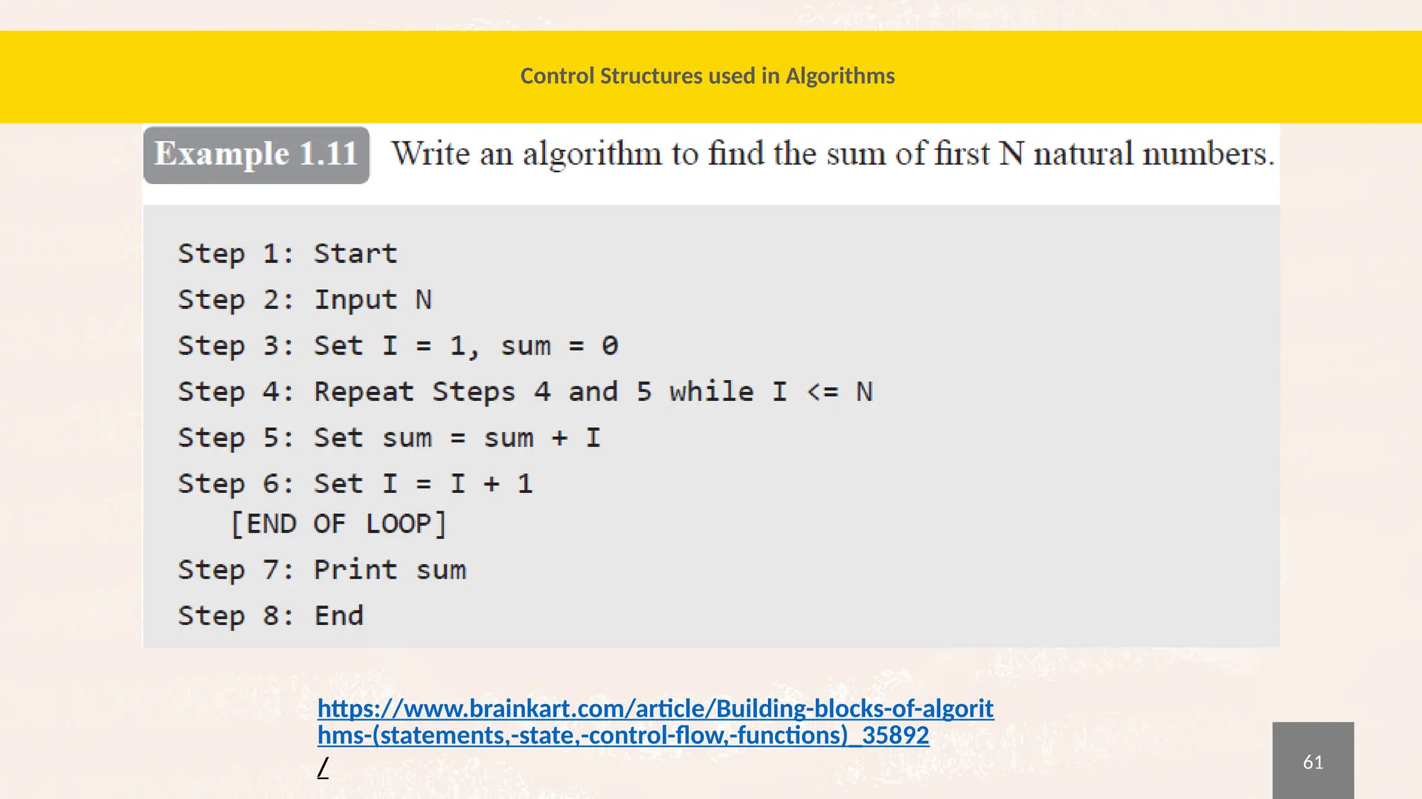 61
Control Structures used in Algorithms
https://www.brainkart.com/article/Building-blocks-of-algorit
hms-(statements,-state,-control-flow,-functions)_35892
/
 