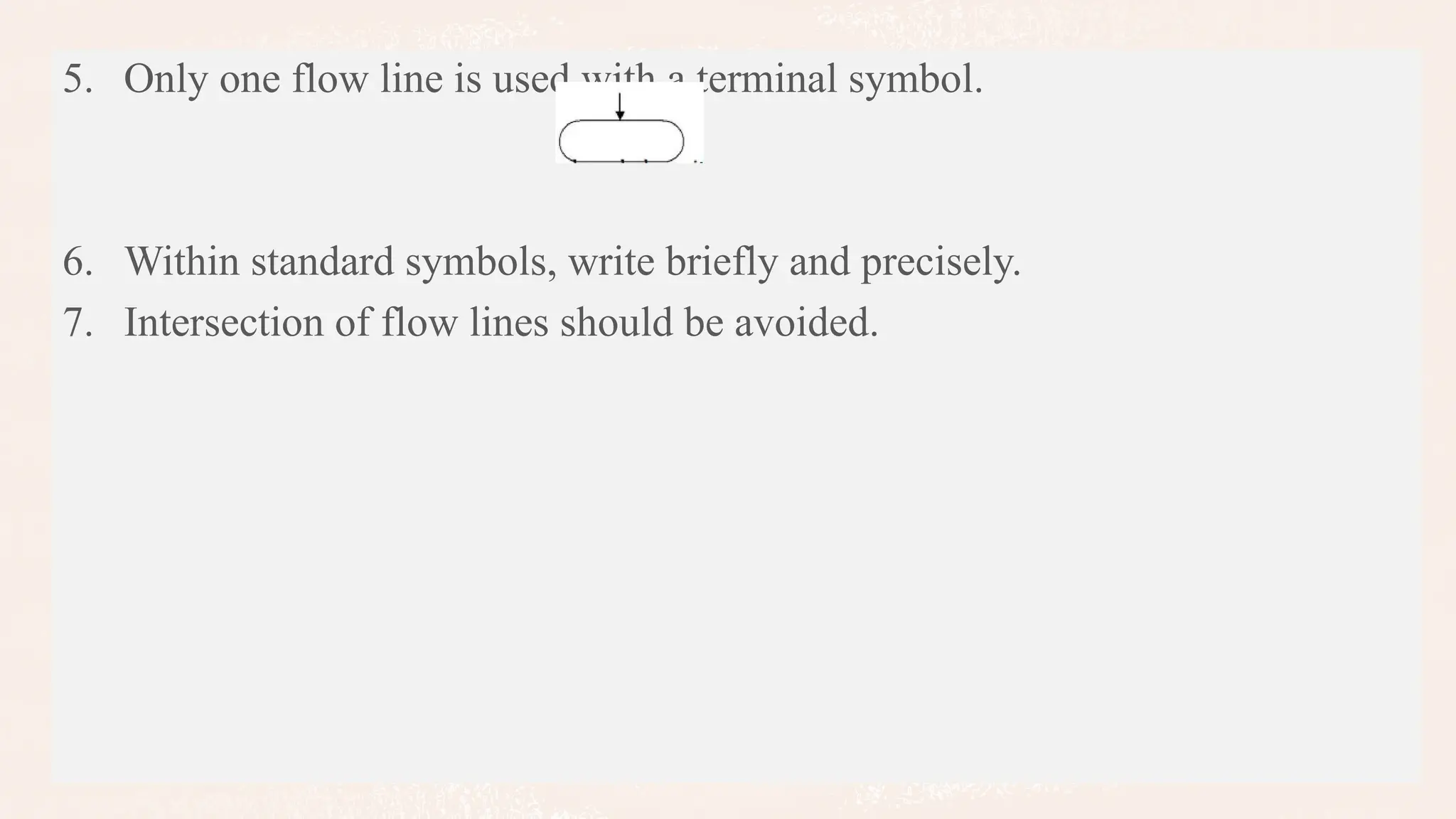 5. Only one flow line is used with a terminal symbol.
6. Within standard symbols, write briefly and precisely.
7. Intersection of flow lines should be avoided.
 
