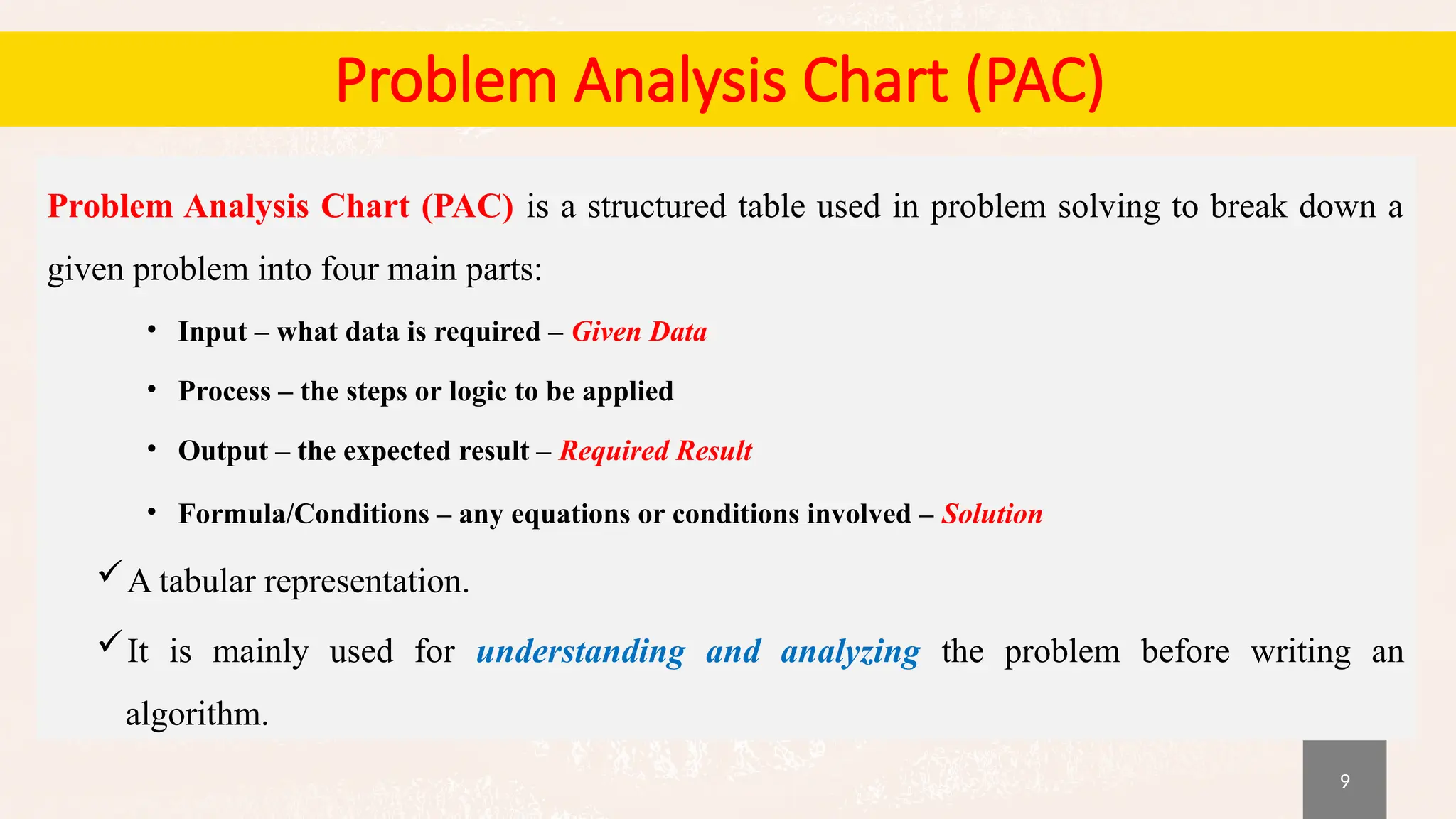 9
Problem Analysis Chart (PAC)
Problem Analysis Chart (PAC) is a structured table used in problem solving to break down a
given problem into four main parts:
• Input – what data is required – Given Data
• Process – the steps or logic to be applied
• Output – the expected result – Required Result
• Formula/Conditions – any equations or conditions involved – Solution
A tabular representation.
It is mainly used for understanding and analyzing the problem before writing an
algorithm.
 