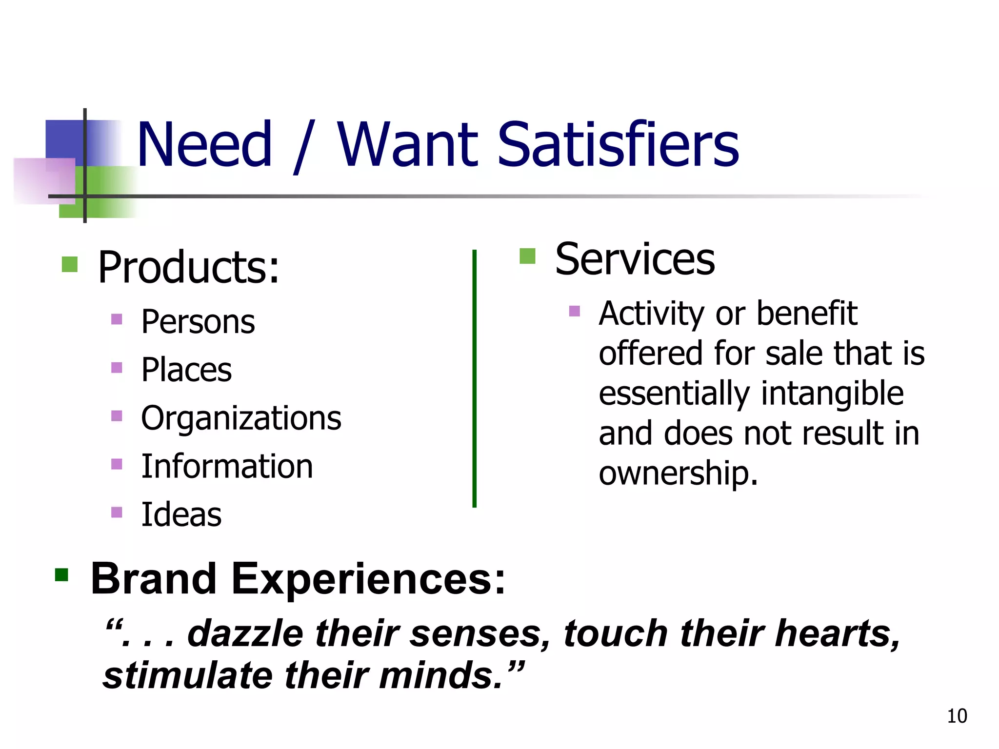 Need / Want Satisfiers Products: Persons Places Organizations Information Ideas Services Activity or benefit offered for sale that is essentially intangible and does not result in ownership. Brand Experiences:  “ . . . dazzle their senses, touch their hearts, stimulate their minds.” 