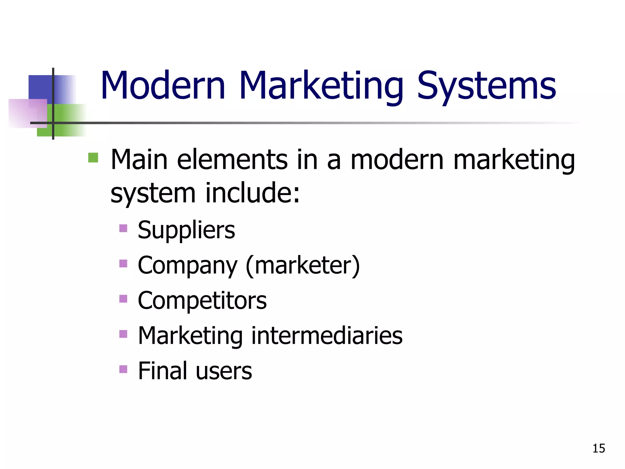 Modern Marketing Systems Main elements in a modern marketing system include: Suppliers Company (marketer) Competitors Marketing intermediaries Final users 