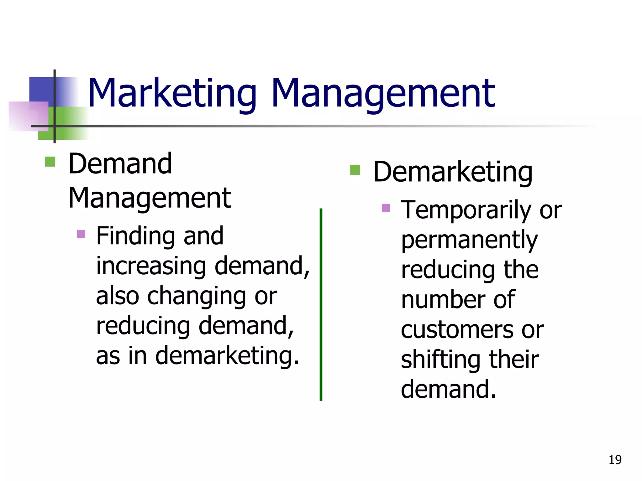 Marketing Management Demand Management Finding and increasing demand, also changing or reducing demand, as in demarketing. Demarketing Temporarily or permanently reducing the number of customers or shifting their demand. 
