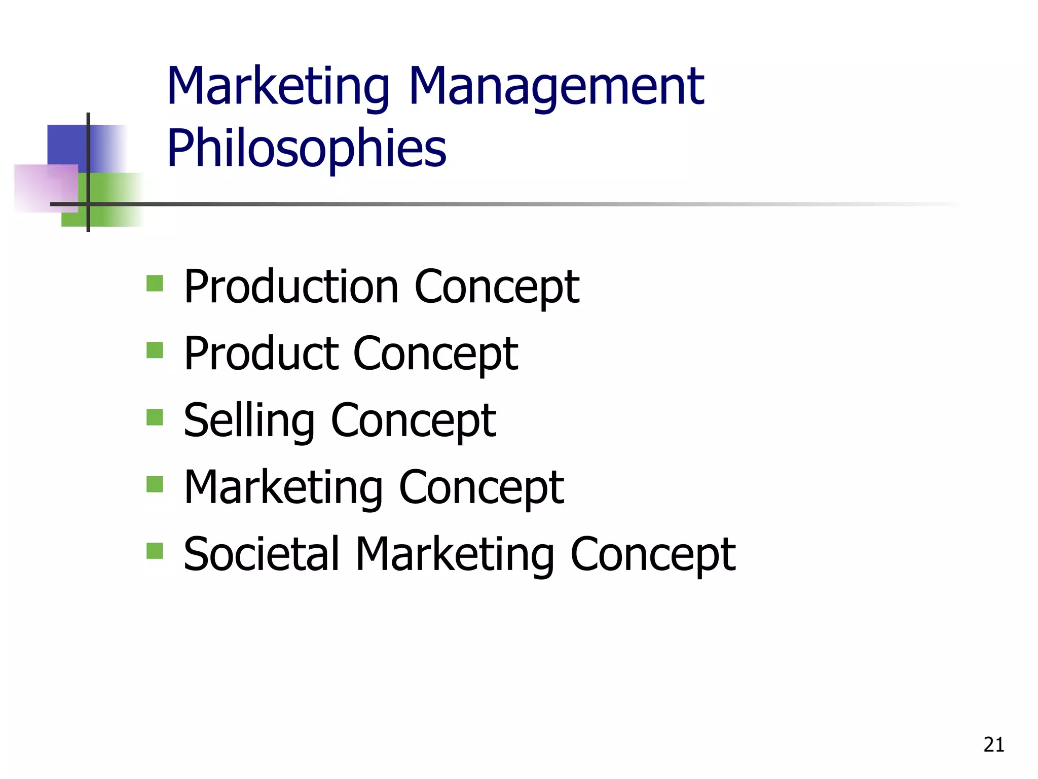 Marketing Management Philosophies Production Concept Product Concept Selling Concept Marketing Concept Societal Marketing Concept 