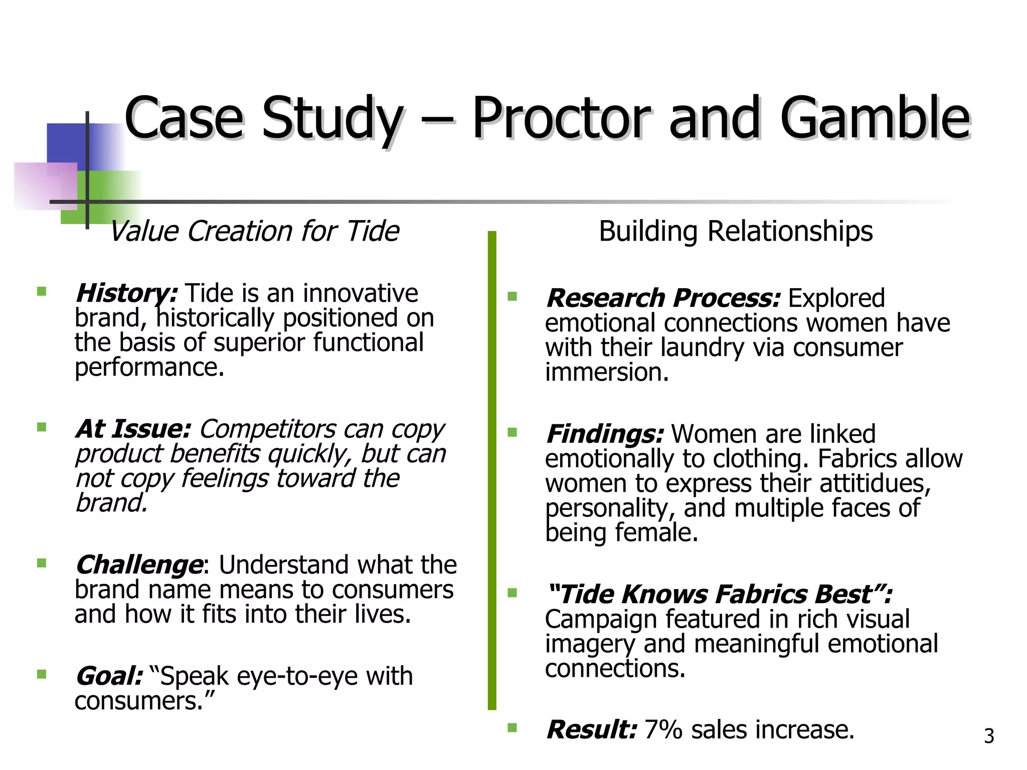 Value Creation for Tide History:  Tide is an innovative brand, historically positioned on the basis of superior functional performance. At Issue:  Competitors can copy product benefits quickly, but can not copy feelings toward the brand. Challenge : Understand what the brand name means to consumers and how it fits into their lives. Goal:  “Speak eye-to-eye with consumers.” Case Study – Proctor and Gamble Building Relationships Research Process:  Explored emotional connections women have with their laundry via consumer immersion. Findings:  Women are linked emotionally to clothing. Fabrics allow women to express their attitidues, personality, and multiple faces of being female.  “ Tide Knows Fabrics Best”:  Campaign featured in rich visual imagery and meaningful emotional connections. Result:  7% sales increase .  