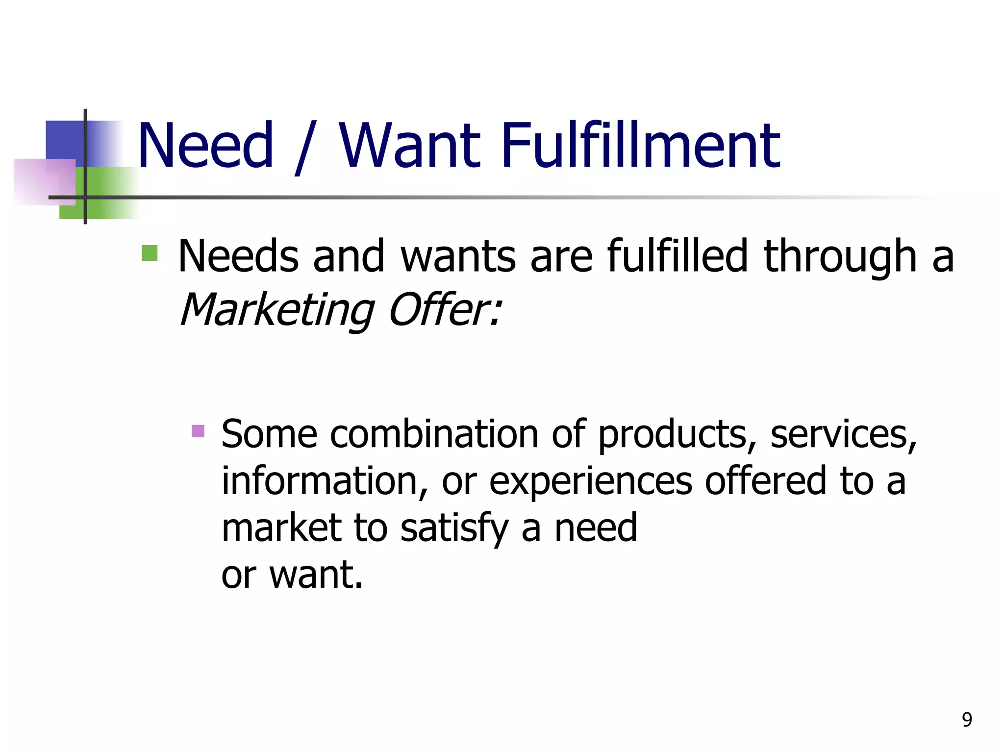 Need / Want Fulfillment Needs and wants are fulfilled through a  Marketing Offer: Some combination of products, services, information, or experiences offered to a market to satisfy a need  or want. 