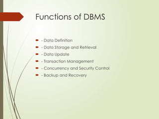 Functions of DBMS
 - Data Definition
 - Data Storage and Retrieval
 - Data Update
 - Transaction Management
 - Concurrency and Security Control
 - Backup and Recovery
 