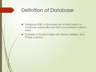 Definition of Database
 Database (DB): A structured set of data held in a
computer, especially one that is accessible in various
ways.
 Example: A Student table with Name, Address, and
Phone columns.
 