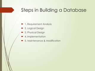 Steps in Building a Database
 1. Requirement Analysis
 2. Logical Design
 3. Physical Design
 4. Implementation
 5. Maintenance & Modification
 