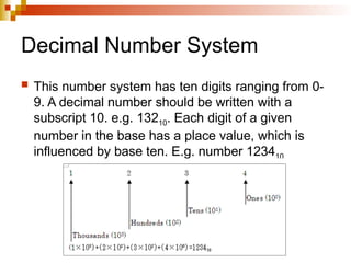 Decimal Number System
 This number system has ten digits ranging from 0-
9. A decimal number should be written with a
subscript 10. e.g. 13210. Each digit of a given
number in the base has a place value, which is
influenced by base ten. E.g. number 123410
 