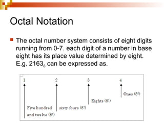 Octal Notation
 The octal number system consists of eight digits
running from 0-7. each digit of a number in base
eight has its place value determined by eight.
E.g. 21638 can be expressed as.
 