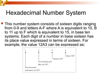 Hexadecimal Number System
 This number system consists of sixteen digits ranging
from 0-9 and letters A-F where A is equivalent to 10, B
to 11 up to F which is equivalent to 15, in base ten
systems. Each digit of a number in base sixteen has
its place value expressed in terms of sixteen. For
example, the value 12A3 can be expressed as;
 