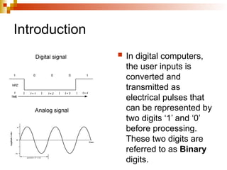 Introduction
 In digital computers,
the user inputs is
converted and
transmitted as
electrical pulses that
can be represented by
two digits ‘1’ and ‘0’
before processing.
These two digits are
referred to as Binary
digits.
 