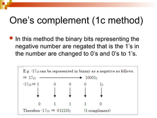 One’s complement (1c method)
 In this method the binary bits representing the
negative number are negated that is the 1’s in
the number are changed to 0’s and 0’s to 1’s.
 