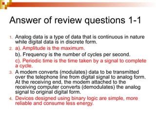 Answer of review questions 1-1
1. Analog data is a type of data that is continuous in nature
while digital data is in discrete form.
2. a). Amplitude is the maximum.
b). Frequency is the number of cycles per second.
c). Periodic time is the time taken by a signal to complete
a cycle.
3. A modem converts (modulates) data to be transmitted
over the telephone line from digital signal to analog form.
At the receiving end, the modem attached to the
receiving computer converts (demodulates) the analog
signal to original digital form.
4. Devices designed using binary logic are simple, more
reliable and consume less energy.
 