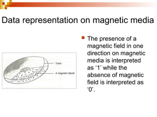 Data representation on magnetic media
 The presence of a
magnetic field in one
direction on magnetic
media is interpreted
as ‘1’ while the
absence of magnetic
field is interpreted as
‘0’.
 