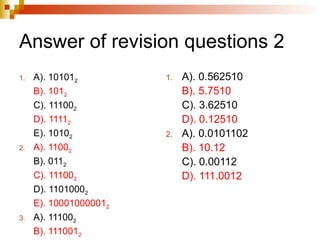 Answer of revision questions 2
1. A). 101012
B). 1012
C). 111002
D). 11112
E). 10102
2. A). 11002
B). 0112
C). 111002
D). 11010002
E). 100010000012
3. A). 111002
B). 1110012
1. A). 0.562510
B). 5.7510
C). 3.62510
D). 0.12510
2. A). 0.0101102
B). 10.12
C). 0.00112
D). 111.0012
 