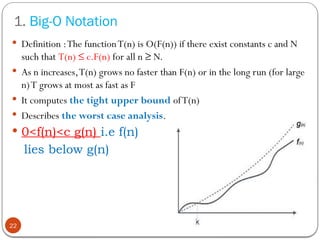 1. Big-O Notation
 Definition :The functionT(n) is O(F(n)) if there exist constants c and N
such that T(n) ≤ c.F(n) for all n ≥ N.
 As n increases,T(n) grows no faster than F(n) or in the long run (for large
n)T grows at most as fast as F
 It computes the tight upper bound ofT(n)
 Describes the worst case analysis.
 0<f(n)<c g(n) i.e f(n)
lies below g(n)
22
 