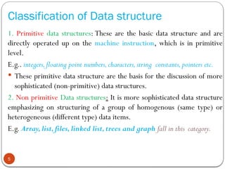 Classification of Data structure
1. Primitive data structures: These are the basic data structure and are
directly operated up on the machine instruction, which is in primitive
level.
E.g.. integers,floating point numbers,characters,string constants,pointers etc.
 These primitive data structure are the basis for the discussion of more
sophisticated (non-primitive) data structures.
2. Non primitive Data structures: It is more sophisticated data structure
emphasizing on structuring of a group of homogenous (same type) or
heterogeneous (different type) data items.
E.g. Array,list,files,linked list,trees and graph fall in this category.
5
 