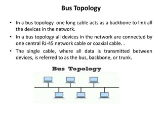 Bus Topology
• In a bus topology one long cable acts as a backbone to link all
the devices in the network.
• In a bus topology all devices in the network are connected by
one central RJ-45 network cable or coaxial cable. .
• The single cable, where all data is transmitted between
devices, is referred to as the bus, backbone, or trunk.
 