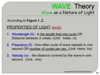 PROPERTIES OF LIGHT WAVES
1. Wavelength (λ) - is the length that one cycle OR
Distance between 2 crests. (Unit: meter, m)
2. Frequency (f) - How often cycle of wave repeats in one
second OR number of cycles per sec. (Unit: Hertz, Hz)
3. Velocity (v) – the distance covered by the wave in one
second. (Unit: m/s)
Hanisah/EO301/JKE/PTSS/Dis'13
20
According to Figure 1.2…
 