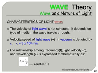 CHARACTERISTICS OF LIGHT WAVES
⦿ The velocity of light wave is not constant. It depends on
type of medium the wave travels through.
⦿ Velocity/speed of light wave (v) in vacuum is denoted by
c. c = 3 x 108 m/s
⦿The relationship among frequency(f), light velocity (c),
and wavelength (λ) is expressed mathematically as:
f
Hanisah/EO301/JKE/PTSS/Dis'13
22
 
c
….. equation 1.1
 