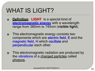 ⦿ Definition: LIGHT is a special kind of
electromagnetic energy with a wavelength
range from 380nm to 740nm (visible light).
⦿ This electromagnetic energy consists two
components which are electric field, E and the
magnetic field, H which oscillate and
perpendicular each other.
⦿ This electromagnetic radiation are produced by
the vibrations of a charged particles called
photons.
Hanisah/EO301/JKE/PTSS/Dis'13
43
 