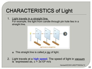 1. Light travels in a straight line.
For example, the light from candle through pin hole lies in a
straight line.
⦿ This straight line is called a ray of light.
2. Light travels at a high speed. The speed of light in vacuum
is expressed as, c = 3x108 m/s
Hanisah/EO301/JKE/PTSS/Dis'13
44
 