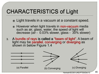 (a) Parallel (b) Converging (c) Diverging
⦿ Light travels in a vacuum at a constant speed.
⦿ However when light travels in non-vacuum media
such as air, glass, water, the speed of light will
decrease (air – 0.03% slower, glass – 30% slower)
3. A bundle of rays is called a “beam of light”. A beam of
light may be parallel, converging or diverging as
shown in below Figure 1.4
46
Hanisah/EO301/JKE/PTSS/Dis'13
 