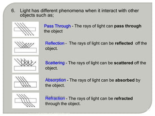 6. Light has different phenomena when it interact with other
objects such as;
Hanisah/EO301/JKE/PTSS/Dis'13
Pass Through - The rays of light can pass through
the object
Reflection – The rays of light can be reflected off the
object.
Scattering - The rays of light can be scattered off the
object.
Absorption - The rays of light can be absorbed by
the object.
Refraction - The rays of light can be refracted
through the object.
47
 